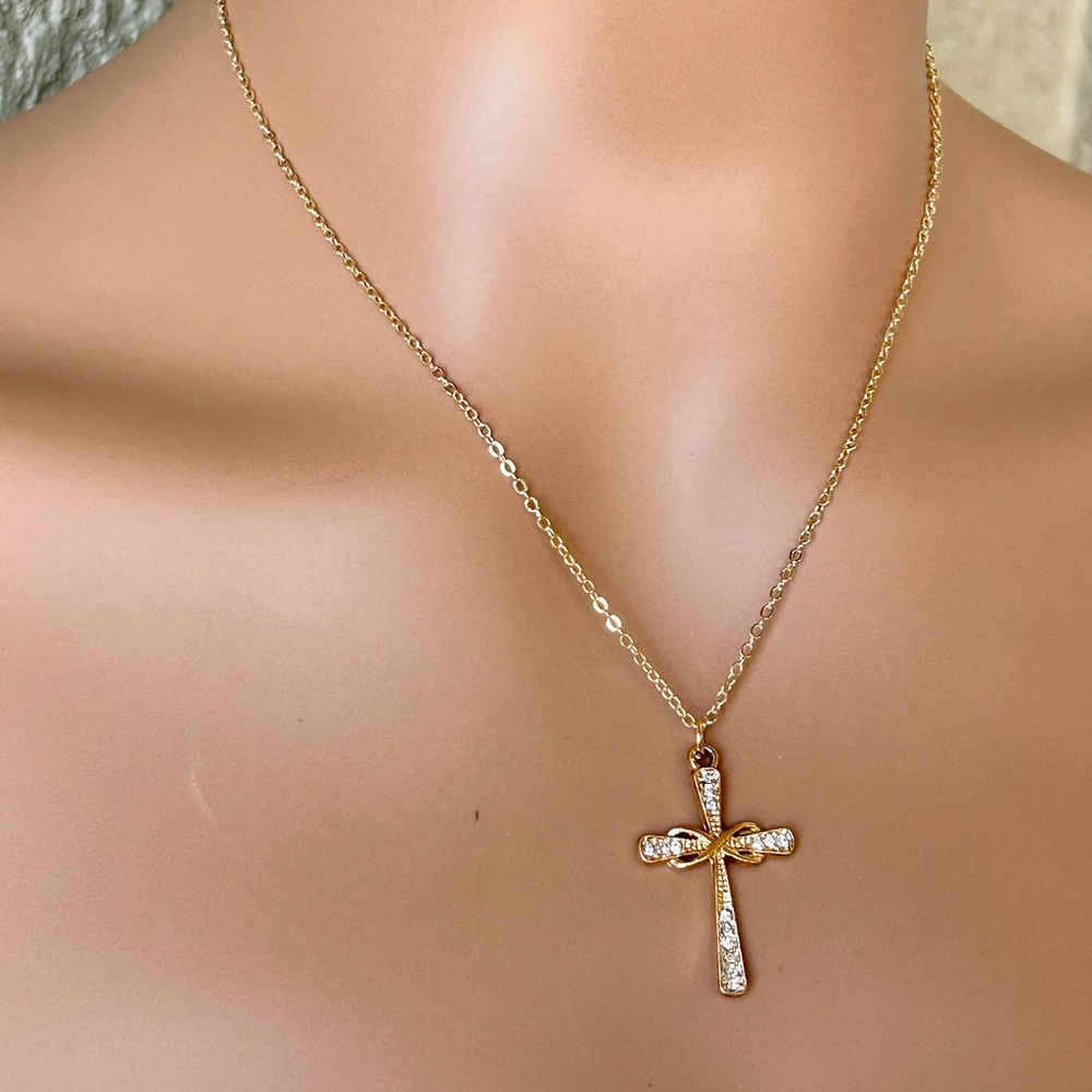 Delicate Gold Cross Pendant Necklace With Rhinestone Accents - Picture 3 of 6